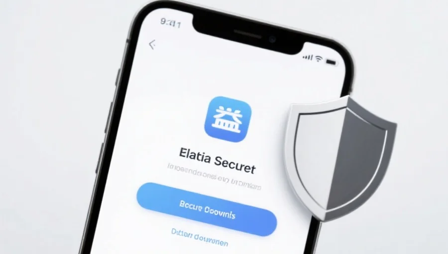 一部现代智能手机屏幕上显示富联应用的安全下载界面，旁边有安全盾牌图标，背景简洁