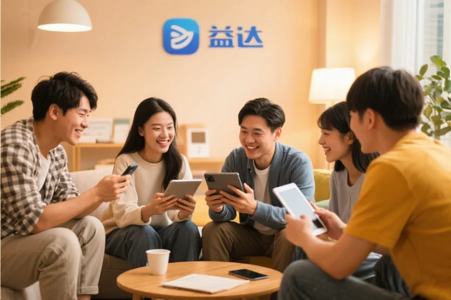 一群年轻用户围坐在一起，使用平板和手机愉快地交流，背景温馨现代，象征富联应用的社区活跃氛围